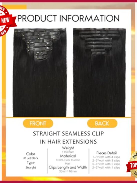 22 Inch Straight Human Hair Clip-In Extensions, 8 Piece Set, Ultra Thin Weft